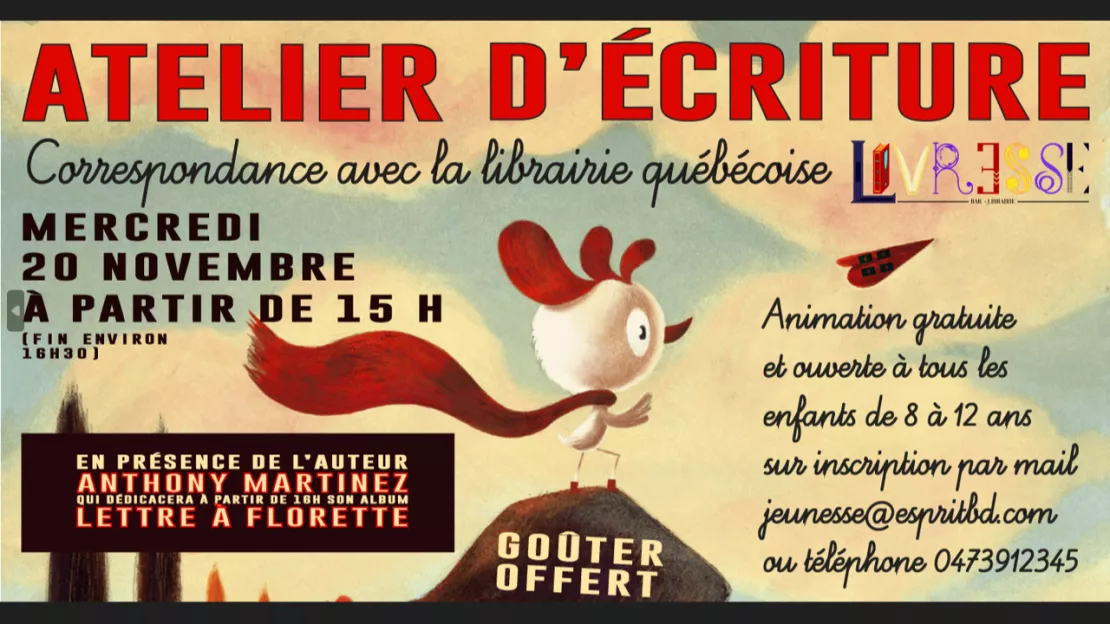 Animation jeunesse : Atelier lecture-écriture et dédicace avec Anthony Martinez, le 20 novembre à la librairie Esprit BD de Clermont-Ferrand !